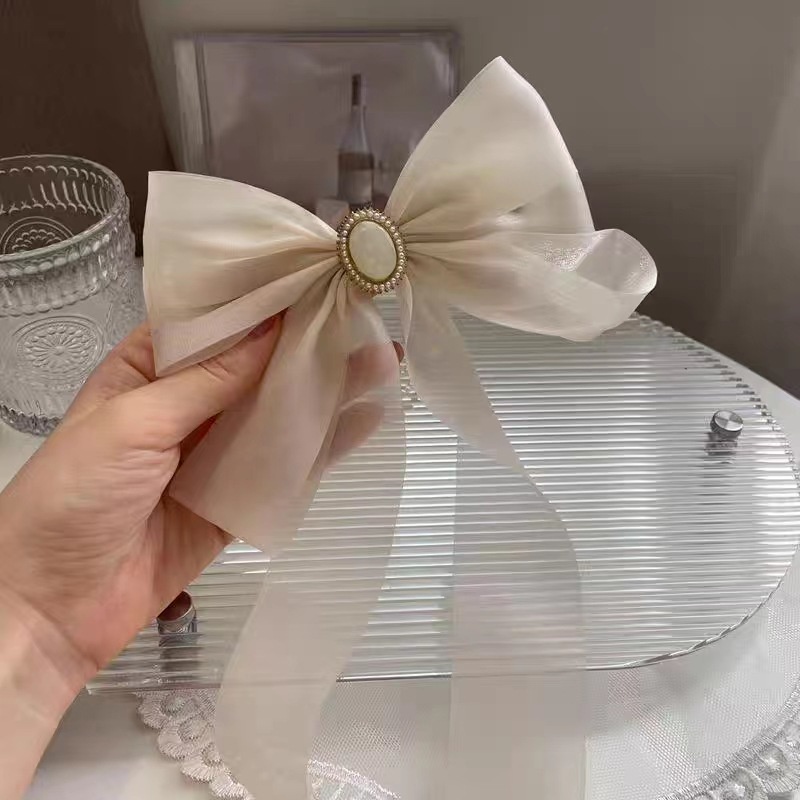 Kẹp Tóc Hình Nơ Cỡ Lớn Đính Ngọc Trai Kiểu Pháp Dễ Thương