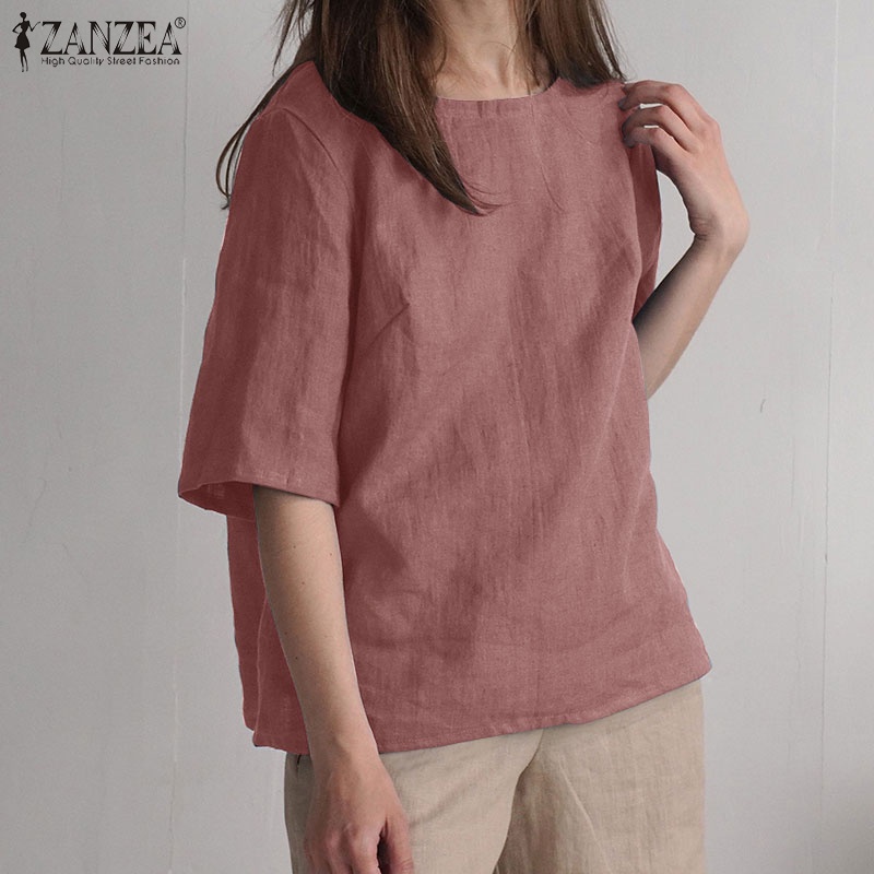 Zanzea Áo Thun Nữ Tay Lửng Cổ Tròn Màu Trơn Thời Trang