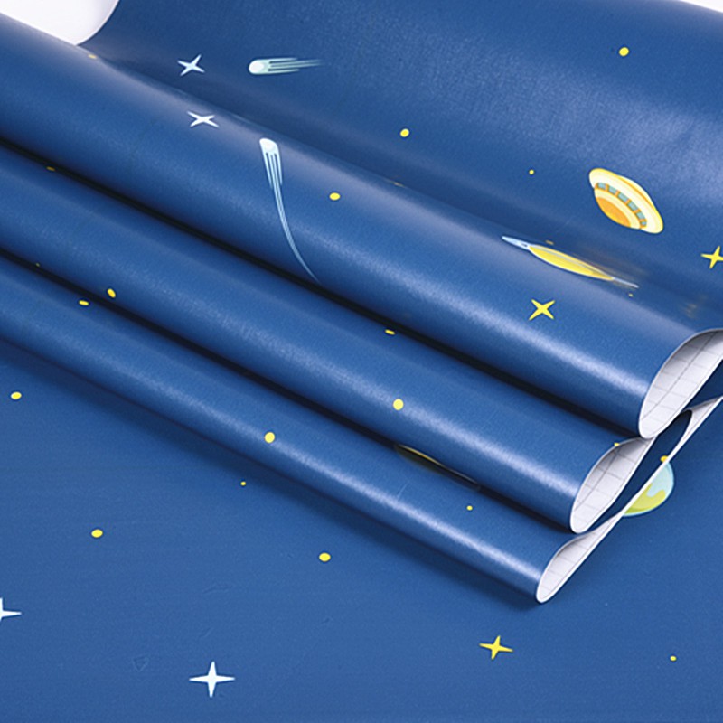 Giấy dán tường phi thuyền xanh khổ rộng 45cm có keo sẵn, Decal giấy dán tường dễ thương - Lala Mart