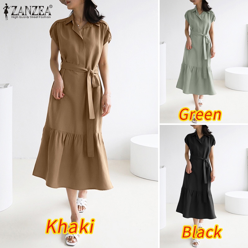 Zanzea Đầm Dài Mỏng Dáng Rộng Cột Dây Phối Bèo Thời Trang Đường Phố Thanh Lịch Cho Nữ