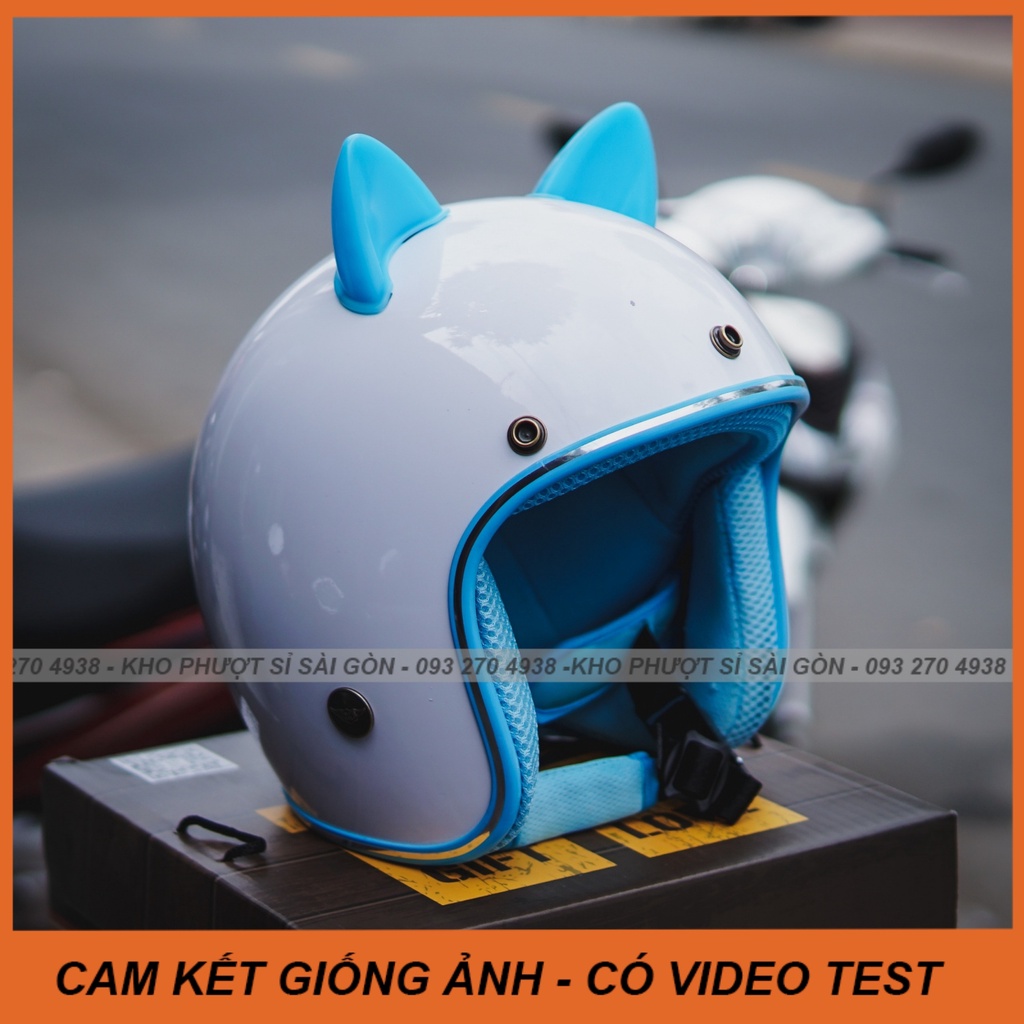 Mũ tai mèo đi phượt trắng lót xanh dương - nón 3/4 trắng lót xanh biển gắn tai mèo xanh dương