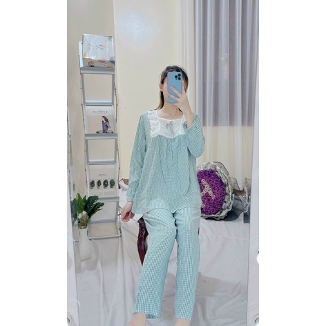 Bộ ngủ mặc nhà nữ cho bầu và sau sinh chất đũi hoạ tiết kẻ ô viền ren
