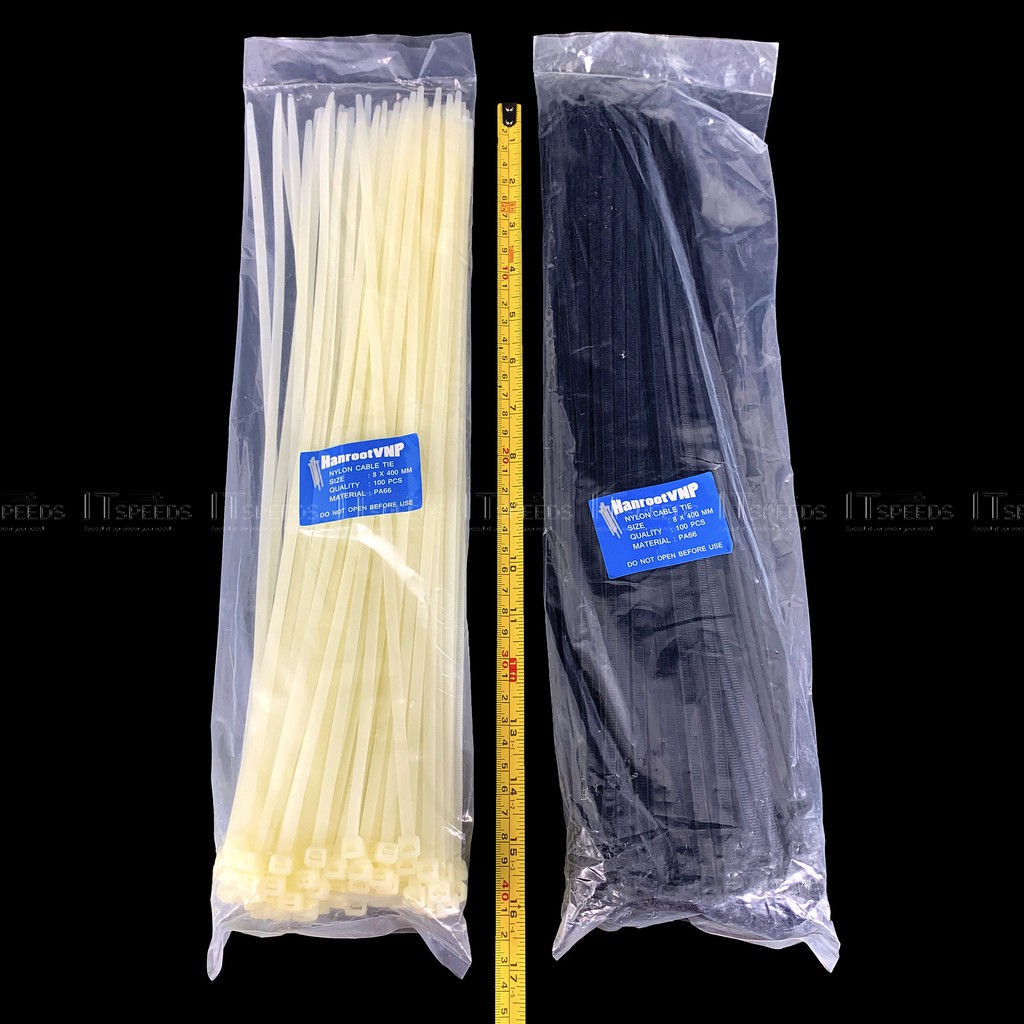 Túi 100 Dây Rút Nhựa, Dây Thít Đen /Trắng,400mm (40cm, 4 Tấc), Nhựa PA66, Bảng Lớn 7.2mm, Bảng Nhỏ 5.3mm