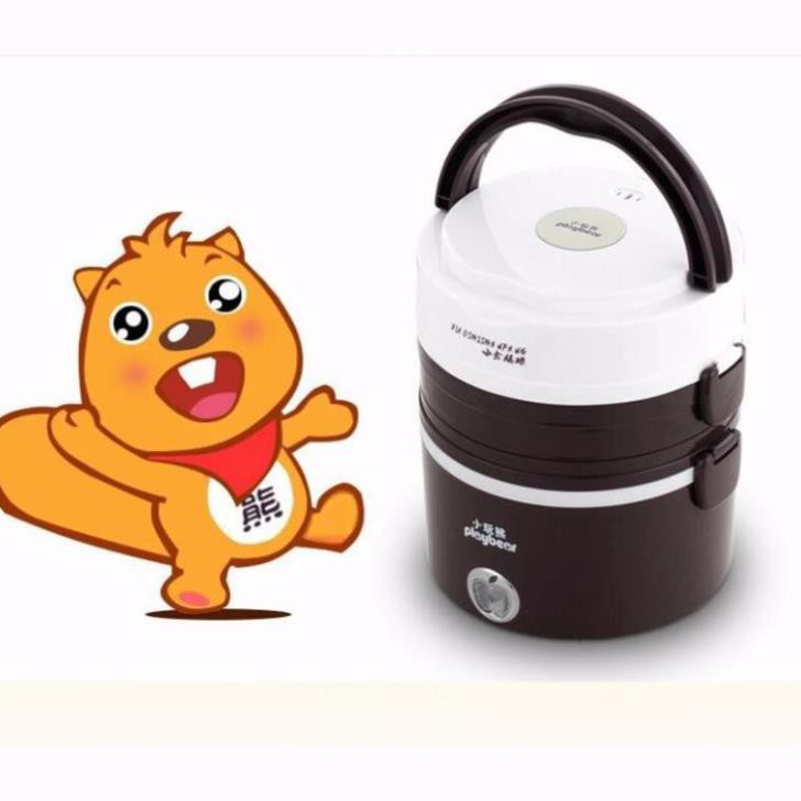 Hộp cơm hâm nóng cắm điện 3 tầng inox Playbear DFH2019 mầu nâu