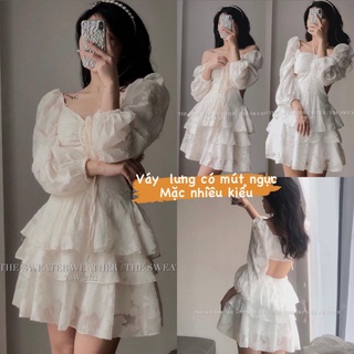 Váy trễ vai hở lưng bèo tầng khoét eo. đầm thiết kế có đệm mút hàng đẹp
