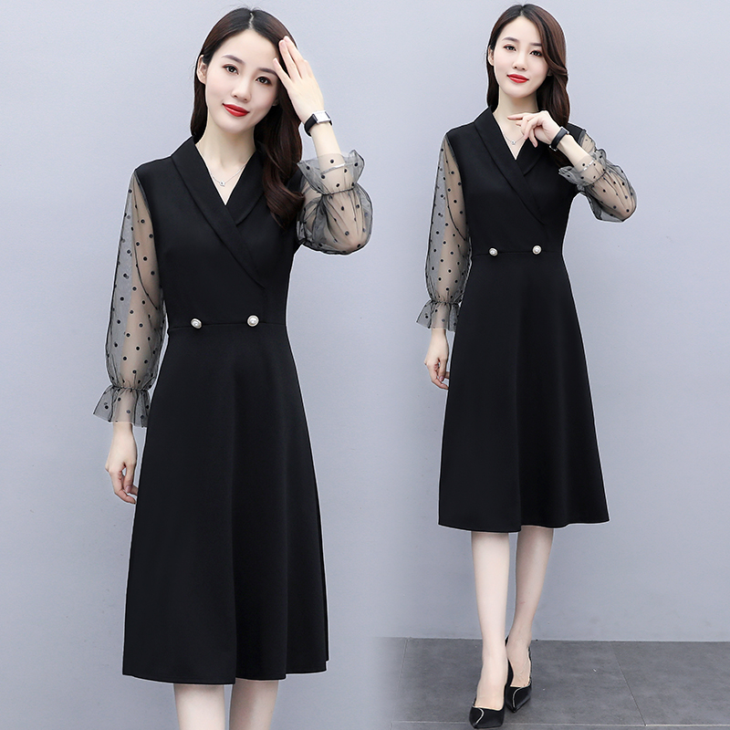 L-5XL Plus Size Women Korean Fashion Dress Casual Loose Long Sleeve Mesh Patchwork Party Midi Dresses