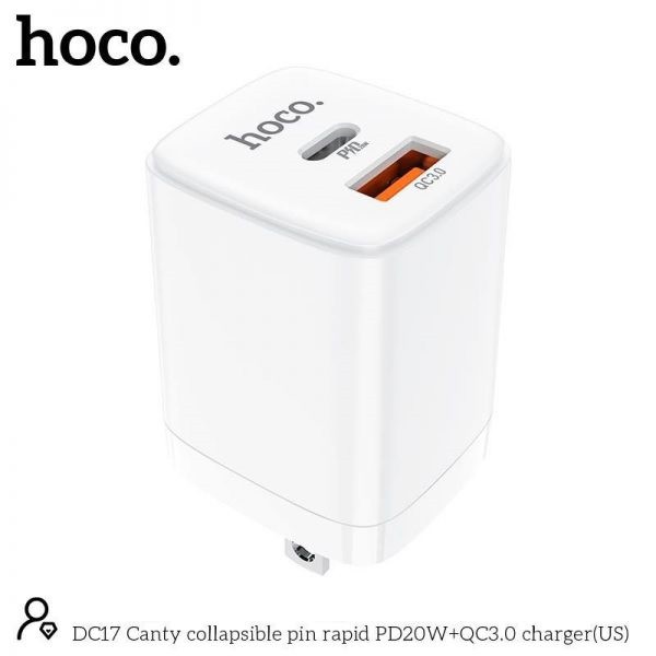 Cốc sạc 2 cổng chân dẹt gấp Hoco DC17 hỗ trợ USB QC 3.0 và TypeC PD 20W (Trắng) - Nhất Tín Computer