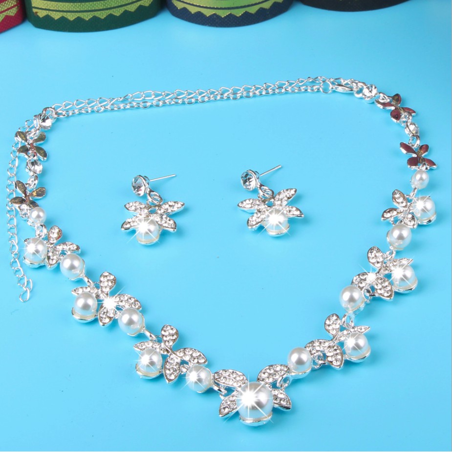 Bộ trang sức nữ cánh bướm đính ngọc trai nhân tạo cao cấp