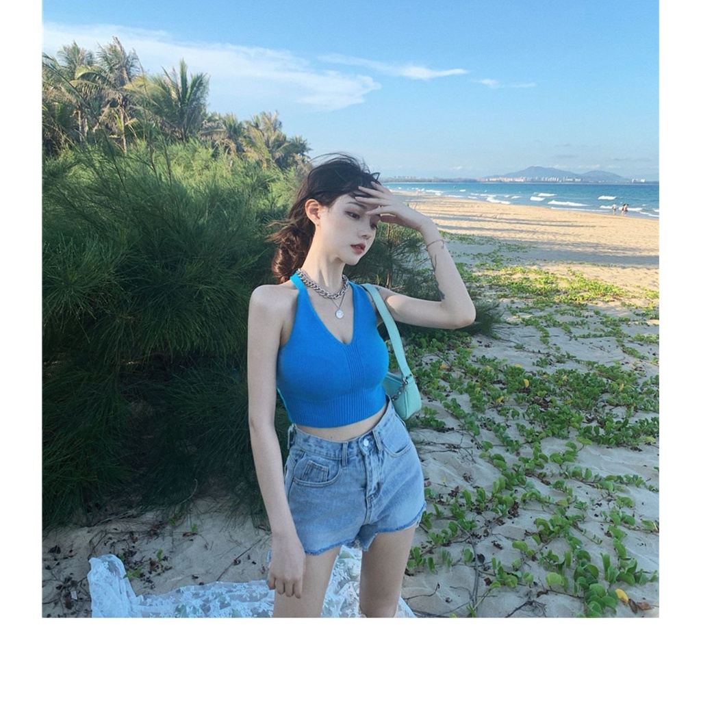 Áo dệt kim hai dây cổ chữ V thời trang mùa hè trẻ trung gợi cảm dành cho phái nữ