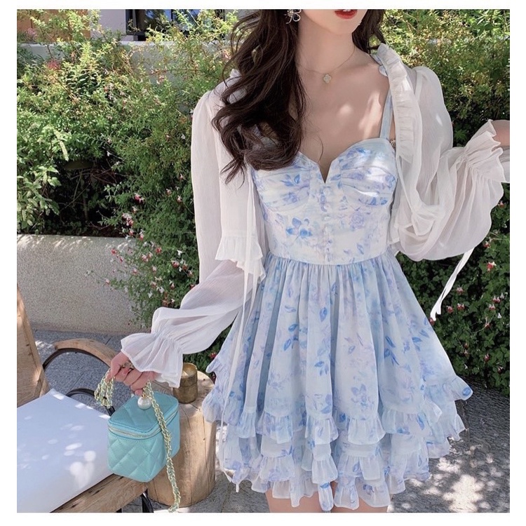 Váy 2 Dây Xoè Tầng Màu Xanh Blue Kèm Áo Khoác Mỏng Nhẹ (hàng loại 1 có mút) Đầm Xoè Dáng Ngắn