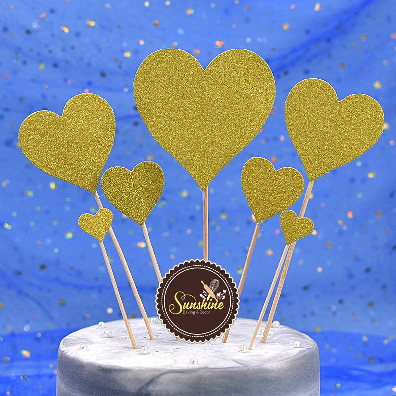7 Que Cắm Giấy Tim Sao Nhũ Trang Trí Bánh Sinh Nhật Nhiều Mẫu 21 cm