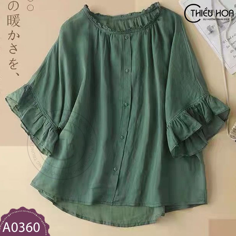 Áo kiểu nữ trung niên tay lỡ, voan bồng thiết kế sang trọng, chất liệu cotton cao cấp Thiều Hoa A0360