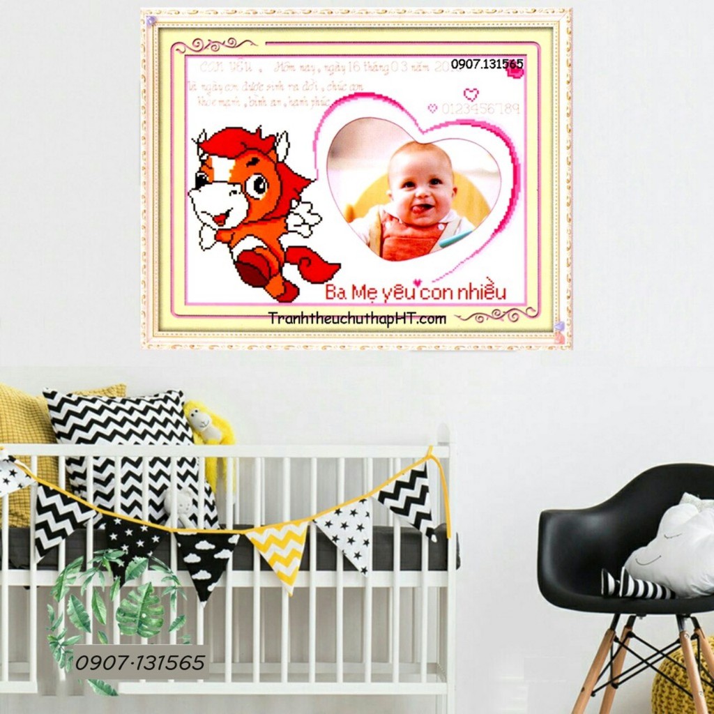 Tranh thêu chữ thập khung hình cho bé theo 12 con giáp sz 54*39cm (tự thêu)