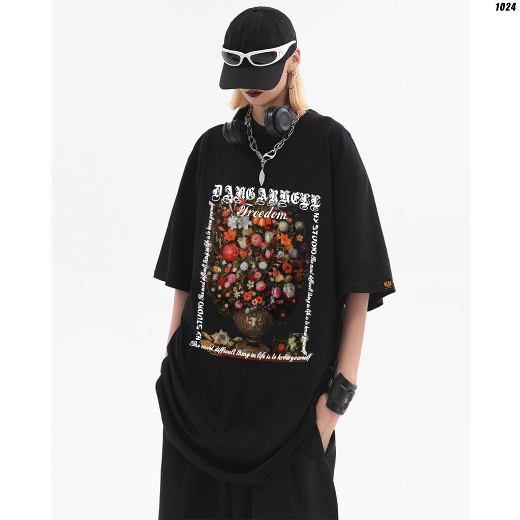 Áo Thun Tay Lỡ Unisex Cotton 100 Form Rộng HY KOREA Bình hoa 1024.