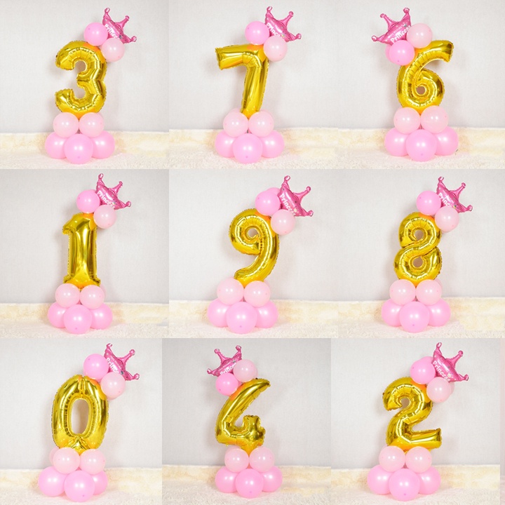 Combo bóng số vàng 70cm kèm bóng tròn vương miện hồng trang trí