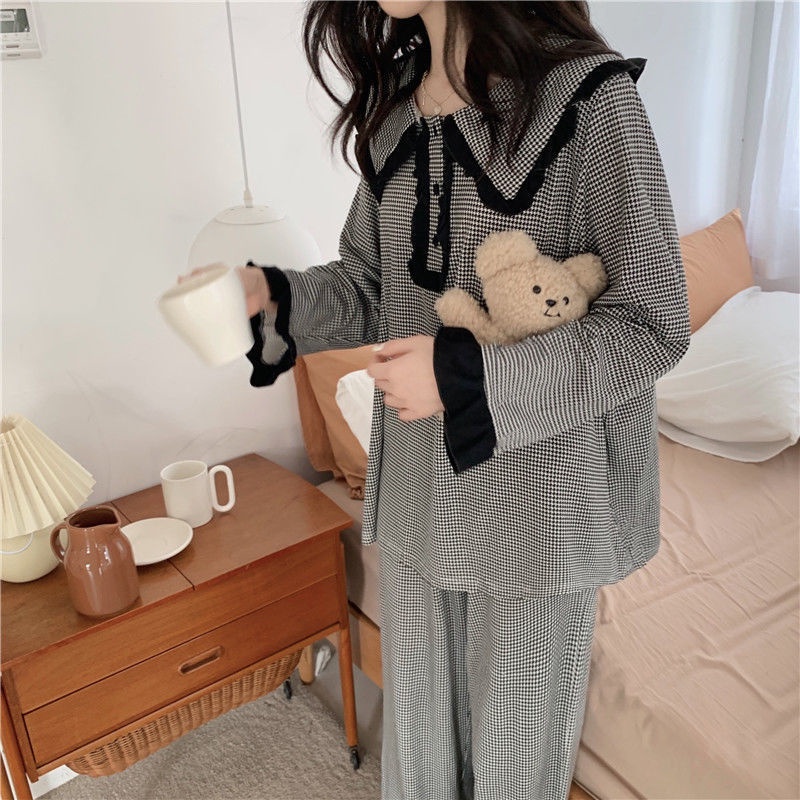 Bộ Đồ Ngủ Tay Dài Cổ Búp Bê Họa Tiết Kẻ Ô Màu Đen Phong Cách Hàn Quốc Thời Trang Mùa Thu Cho Nữ