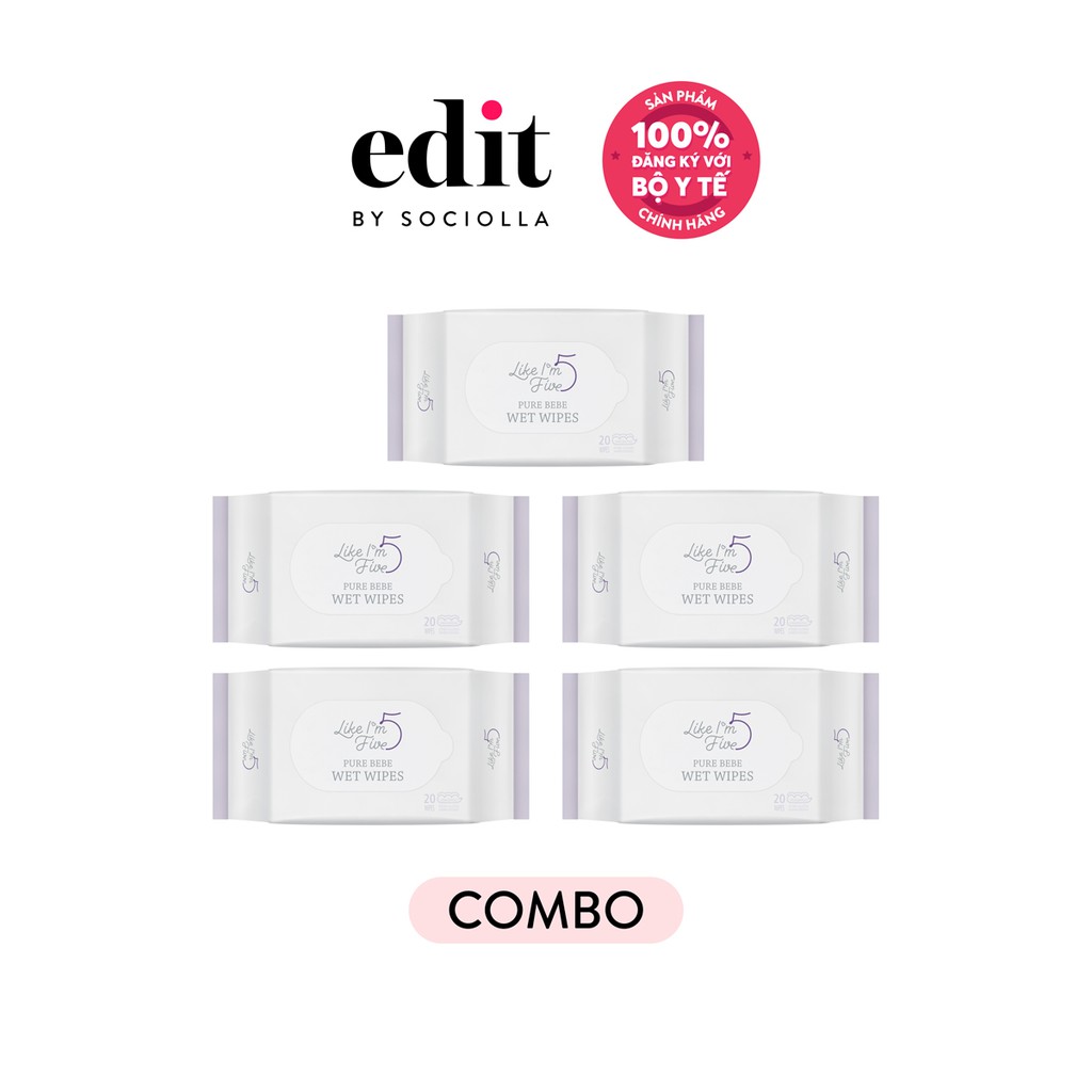 Combo 5 Khăn ướt kháng khuẩn không cồn PureBeBe (5 túi - 20 tờ/ túi)