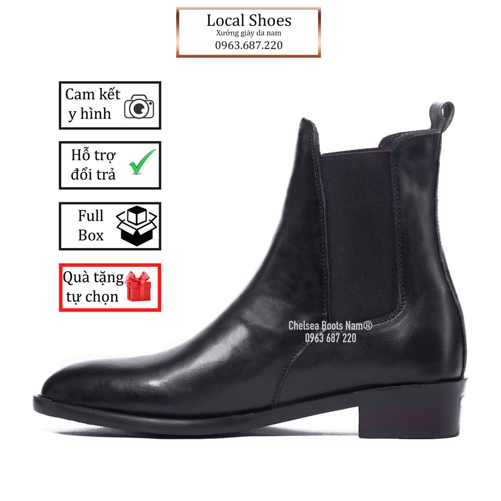 ( Chun thẳng ) Giày Bốt Nam, 4cm Heels Chelsea Boots Da Bò Classic