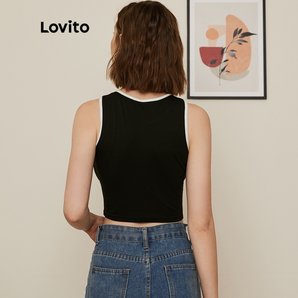 Áo sát nách Lovito dáng ngắn phối viền tương phản in chữ phong cách Preppy L19D018 (màu đen)