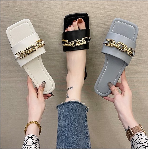 Dép nữ quai ngang quai da cao cấp viền xích vuông cực đẹp sang chảnh HOT NHẤT 2021, dép lê nữ đẹp mang êm chân