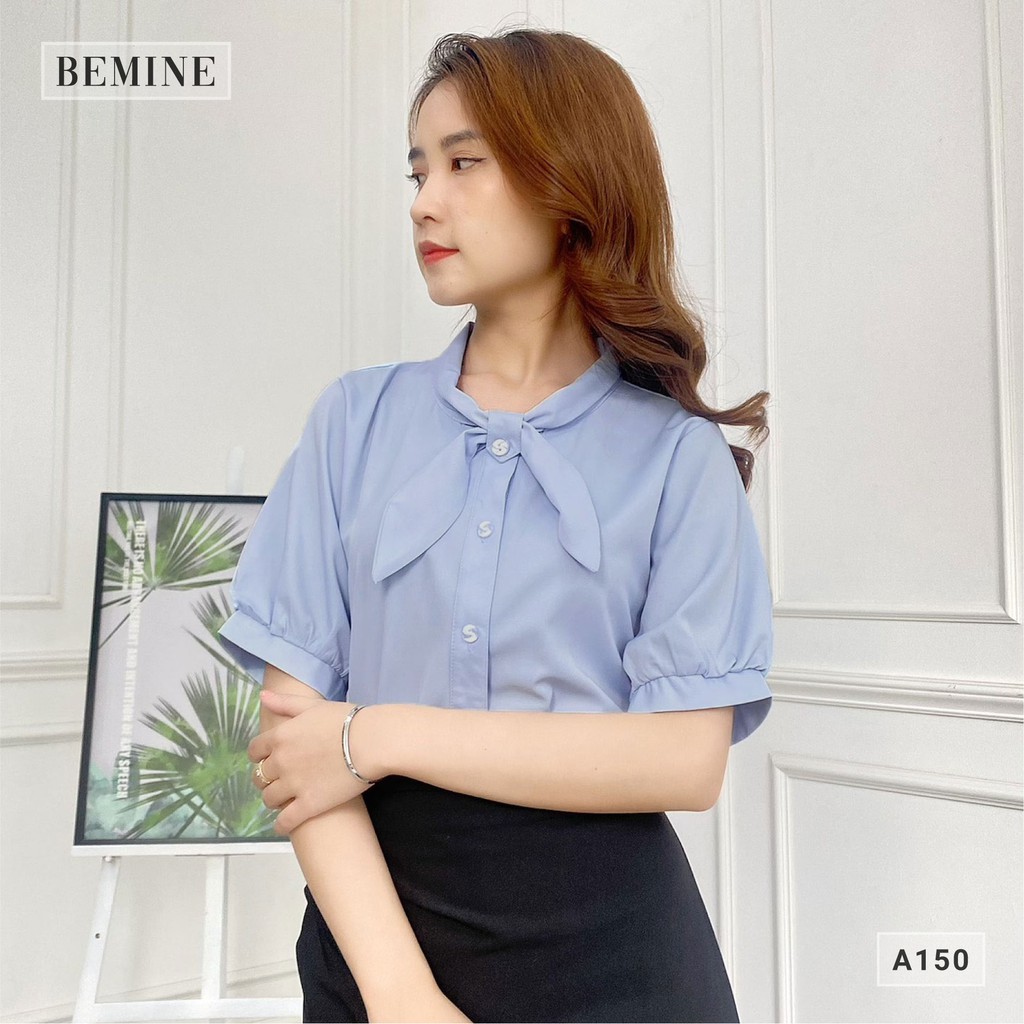 Áo sơ mi công sở nữ tay ngắn cổ nơ kiểu dáng thanh lịch BEMINE A150XANH