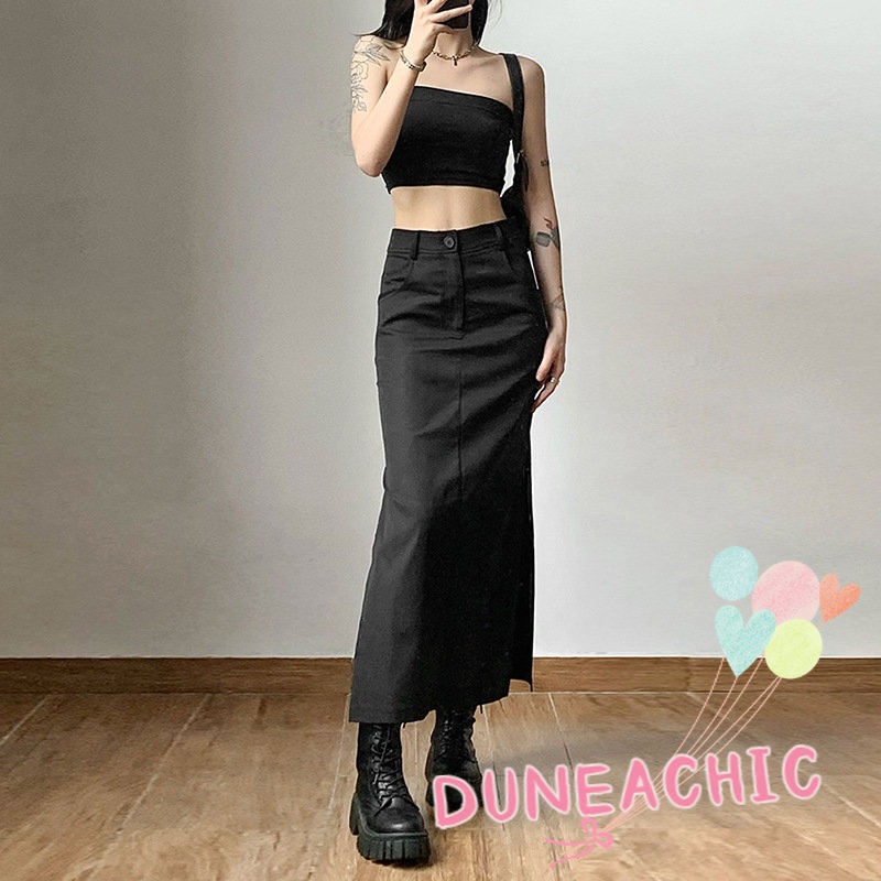 DUNEA Chân váy dài lưng cao xẻ tà thời trang đường phố cá tính cho nữ