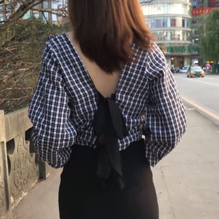 [order] áo sơ mi croptop kẻ cổ V phối bèo