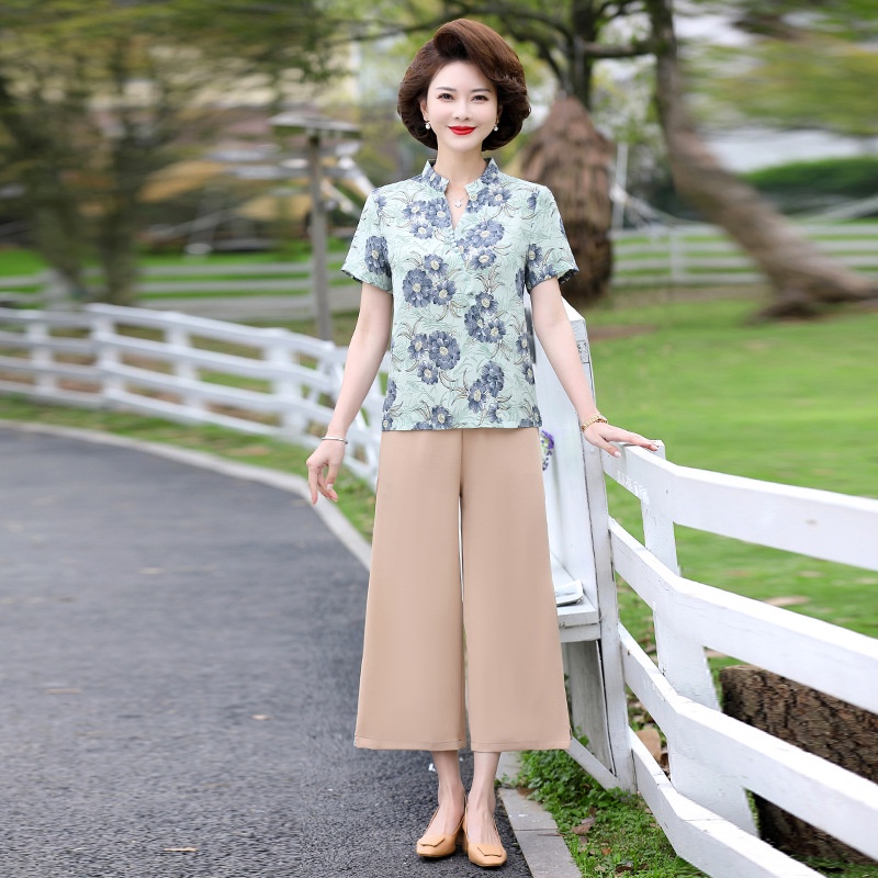 Đồ bộ trung niên nữ cho mẹ, Hàng Quảng Châu cao cấp, Bộ voan hoa cổ trụ V'vie Ladies #B21
