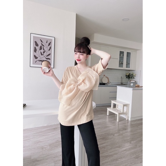 Set áo thun cotton nơ voan to đủ màu quần ống rộng hình thật