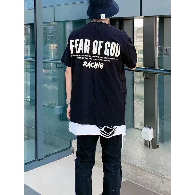 Áo thun Fog fear of god bằng cotton tay ngắn chữ màu đen dáng rộng cho cặp đôi
