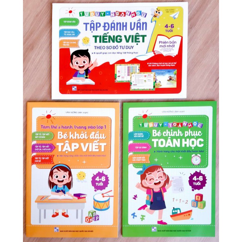 Sách - Combo 3 cuốn; Tập đánh vần tiếng Việt + Bé khởi đầu tập viết + Bé chinh phục toán học