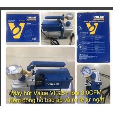 Máy hút chân không Value VI125Y loại 3.0 CFM Kèm đồng hồ hiển thị báo áp và rơ le tự ngắt