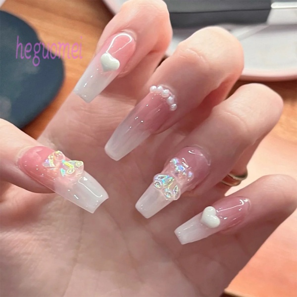 Set 24 móng giả dài trong suốt đầu vuông đính nơ/trái tim kèm keo dán nhiều màu sắc dễ thương