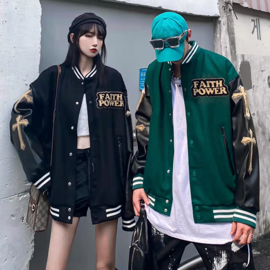 Áo khoác bomber vải da thêu họa tiết chữ thập thời trang cho nam áo khoác nỉ hai lớp |