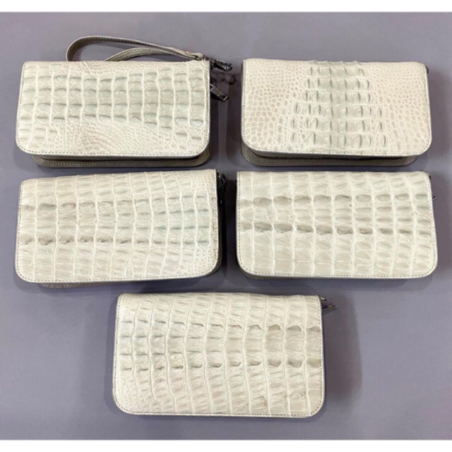 VÍ CẦM TAY DA CÁ SẤU THẬT 22x12 CM MÀU TRẮNG TINH KHÔI 2 DÂY KÉO THỤC | RYRY STORE