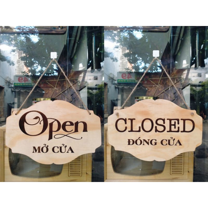 Bảng gỗ khắc lases 2 mặt nội dung "Open - Closed" song ngữ font xinh xắn + kèm dây treo - LUMYWOOD DECOR