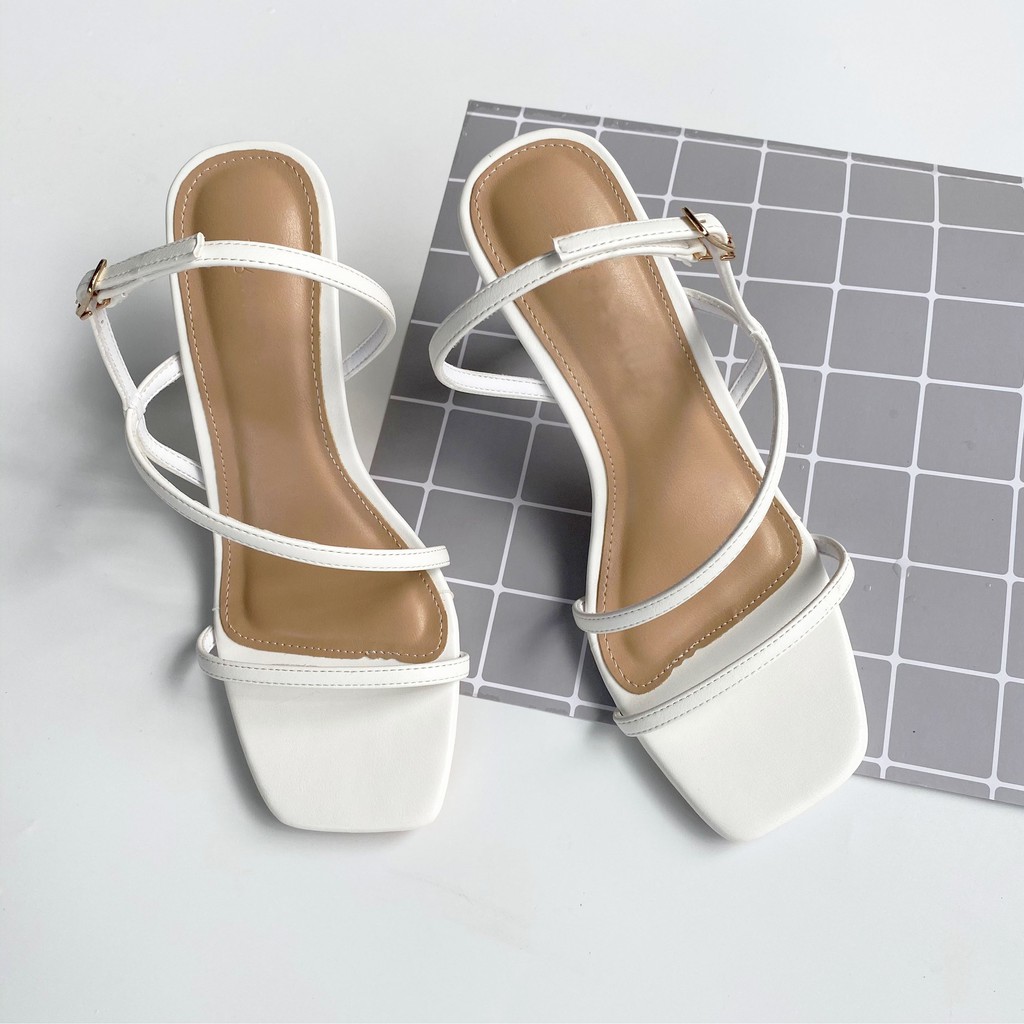 Giày sandal cao gót HISHOO mũi vuông phối dây cao 7cm màu nude S165