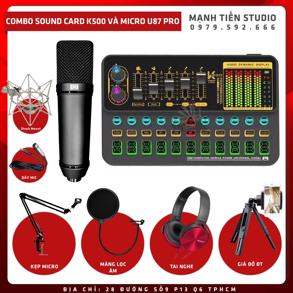 Trọn bộ thu âm livestream karaoke micro U87 Pro + soundcard K600 tặng kèm kẹp micro màng lọc tai nghe giá đỡ đt