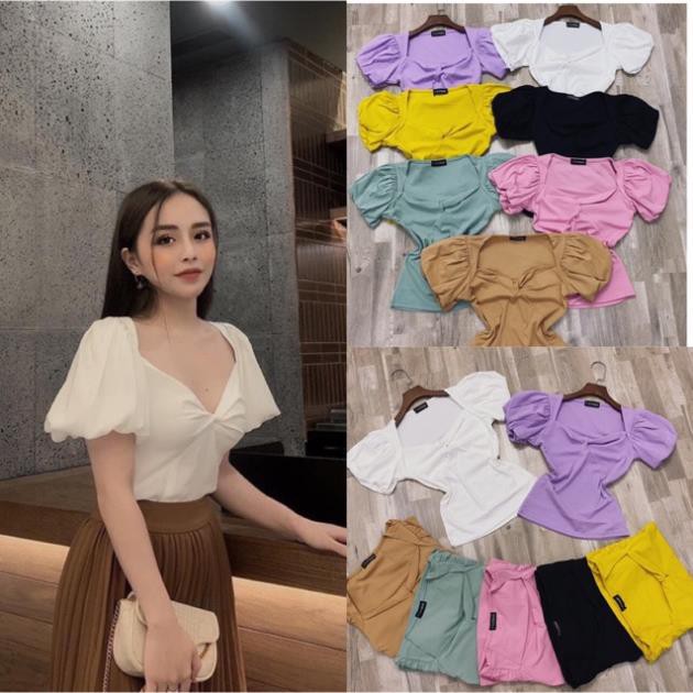 SIÊU RẺ Áo thun xoắn ngực tay bồng