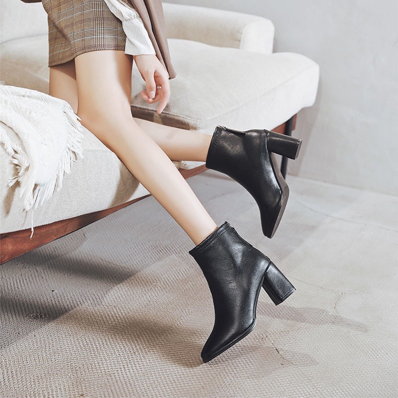 CHÂN GẦY LÙI 1 SIZE_Bốt nữ cổ lỡ hàng QC lót lông đẹp gót cao 7 phân