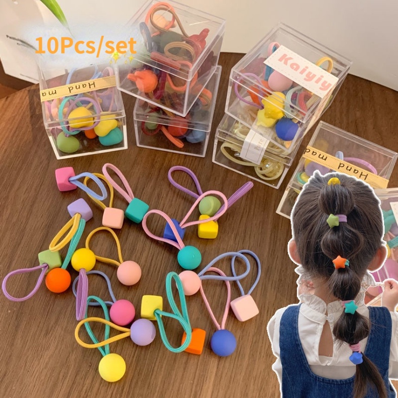 Set 10 Dây Buộc Tóc Co Giãn Họa Tiết Hoạt Hình Dễ Thương Cho Bé Gái