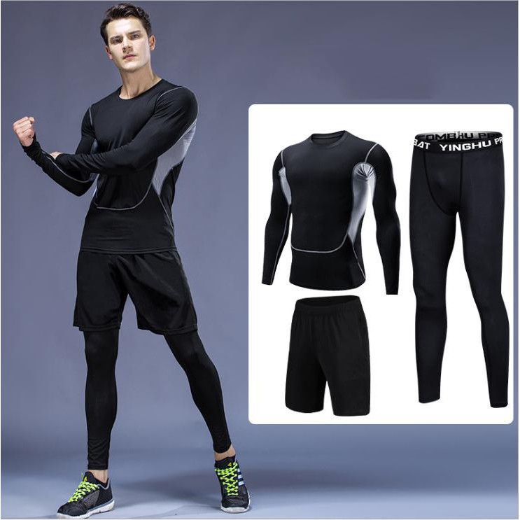 Bộ Quần Áo Dài Tay Legging Nam - Quần Áo Giữ Nhiệt 3 in 1 Đen Xám