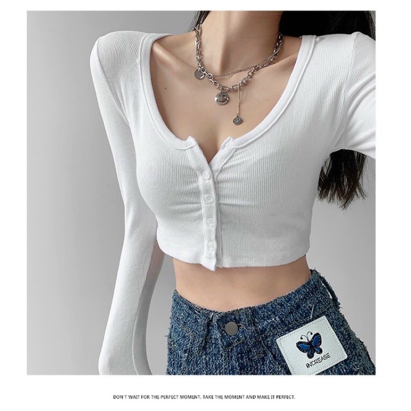 ÁO THUN CROPTOP NHÚN NGỰC NÚT CÀI TAY DÀI