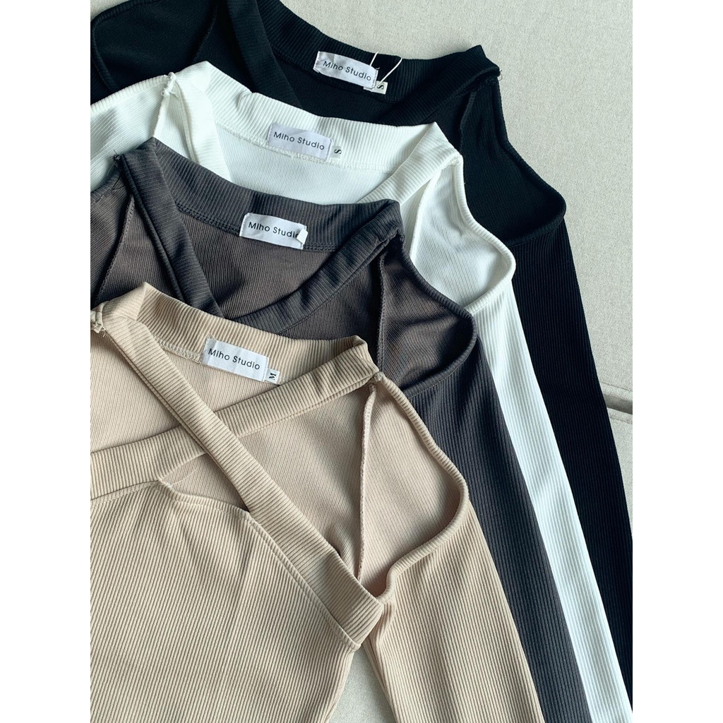 Áo croptop gân  trễ vai đen chéo thời trang Miho house