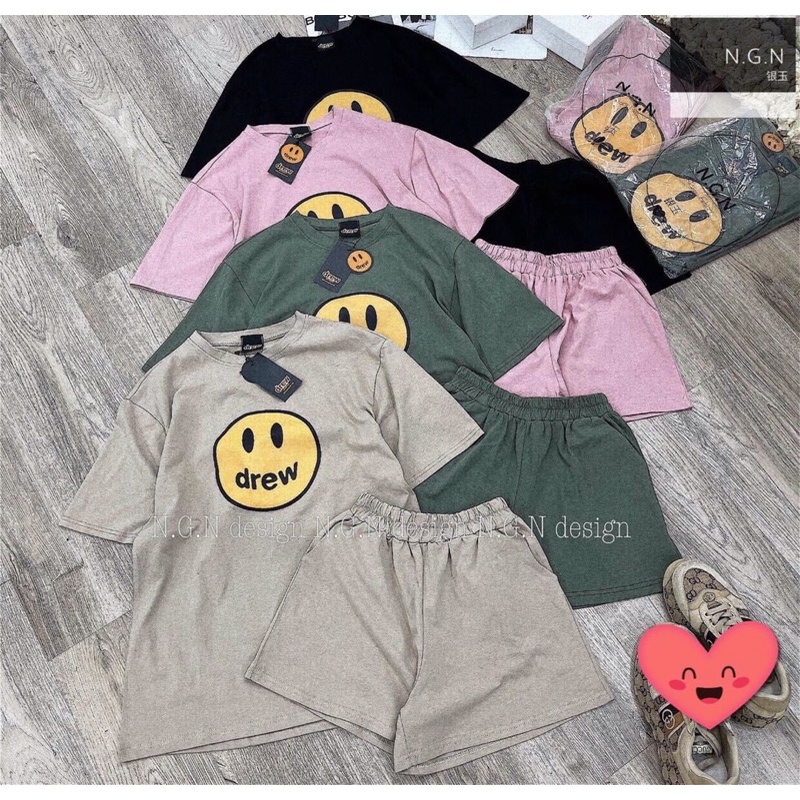 Set bộ thể thao mặt cười chữ drew vải thun mịn