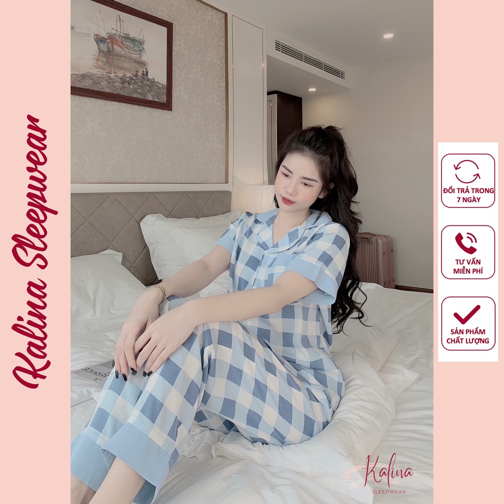 Đồ bộ nữ pijama mặc nhà lụa ngủ dễ thương áo cộc quần dài hoạ tiết cổ nơ xinh xắn Kanila