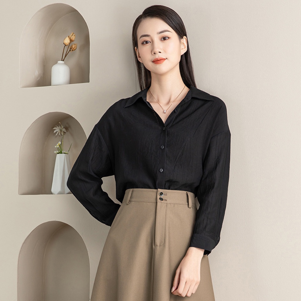 Áo sơ mi linen nữ mỏng màu đen dài tay form rộng phong cách retro vintage đẹp 2022 hàng nhập Quảng Châu cao cấp YDIQI