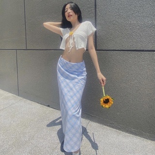 CHEERS - Chân váy dài caro vintage, 2 lớp, lót lụa