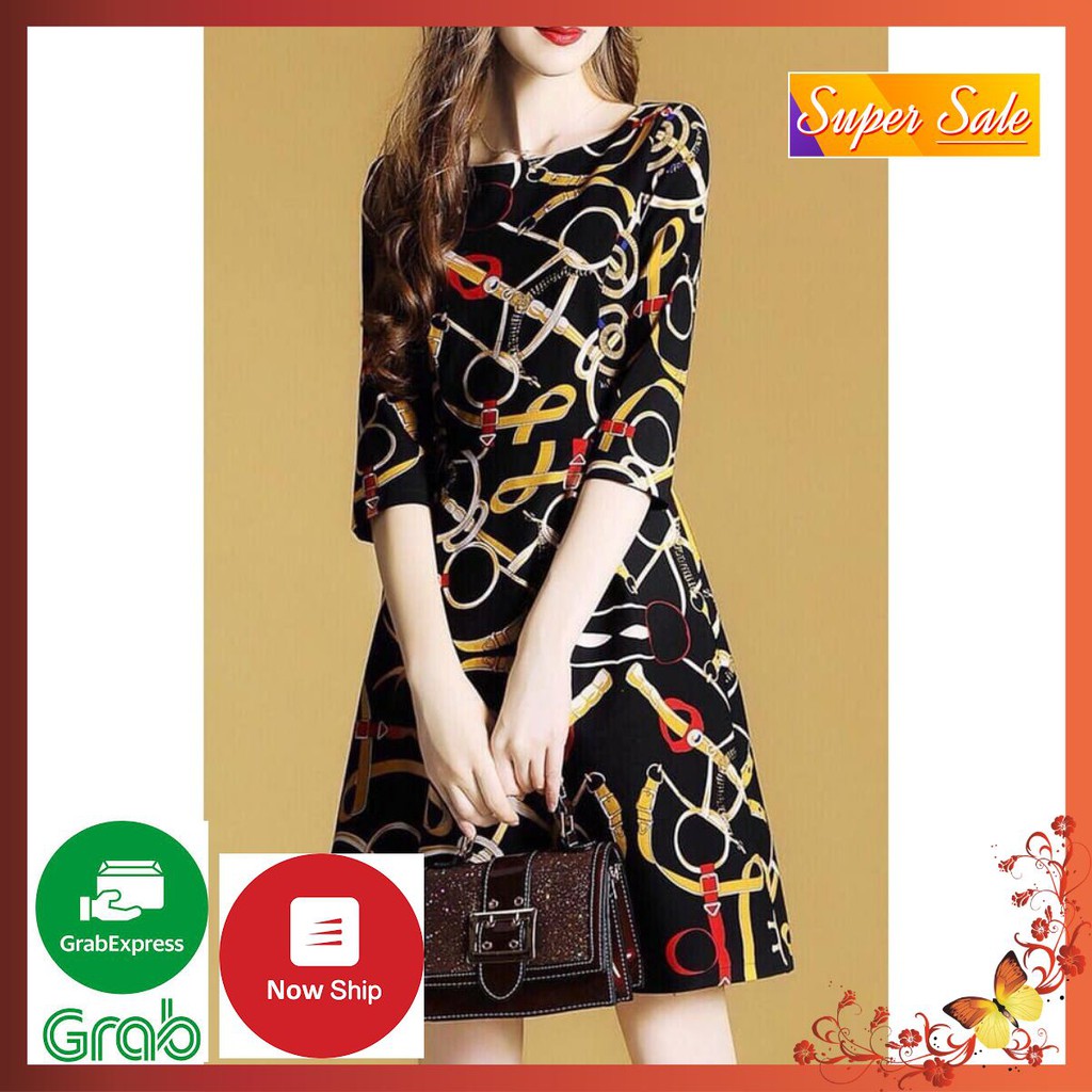 Đầm Xoè Thun In Hoạ Tiết - Váy Thun Công Sở Phối Hoạ Tiết Cao Cấp Cho Nàng Thanh Lịch Quyến Rũ