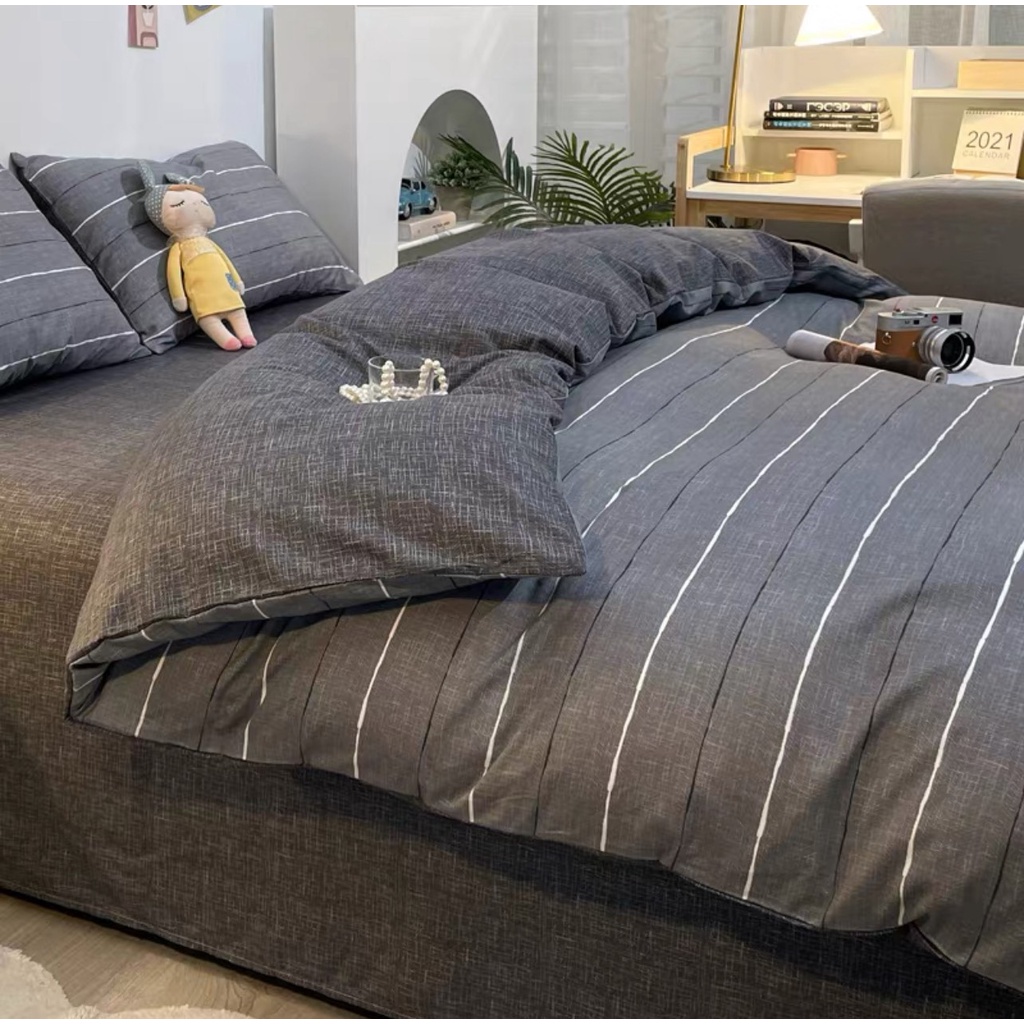 Bộ chăn ga gối cotton organic Kẻ ghi đen Dreamhomedding